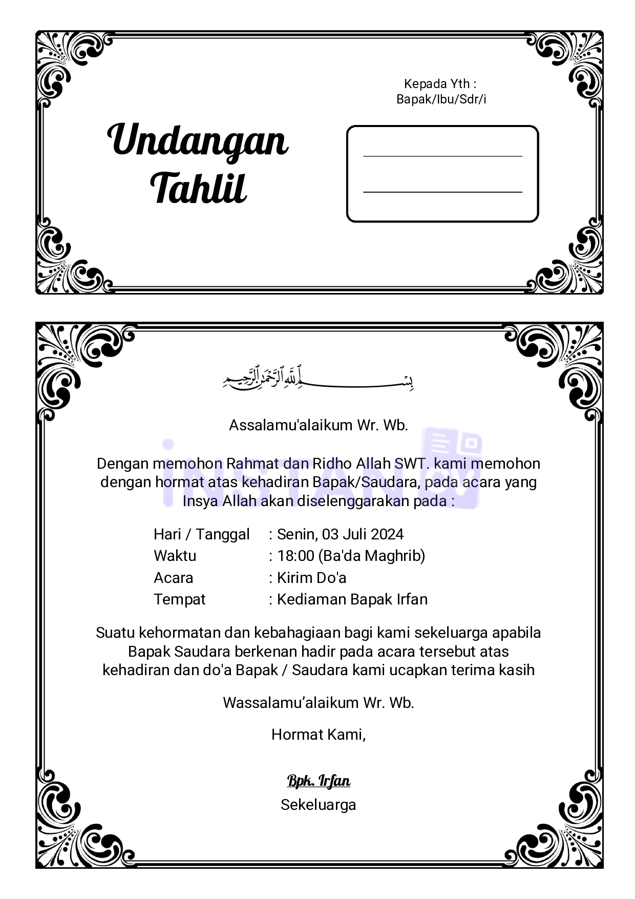 Template Undangan Tahlil, Tasyakuran Gratis Kertas A4 Isi 1 dan 2 Style 85 Langsung Edit