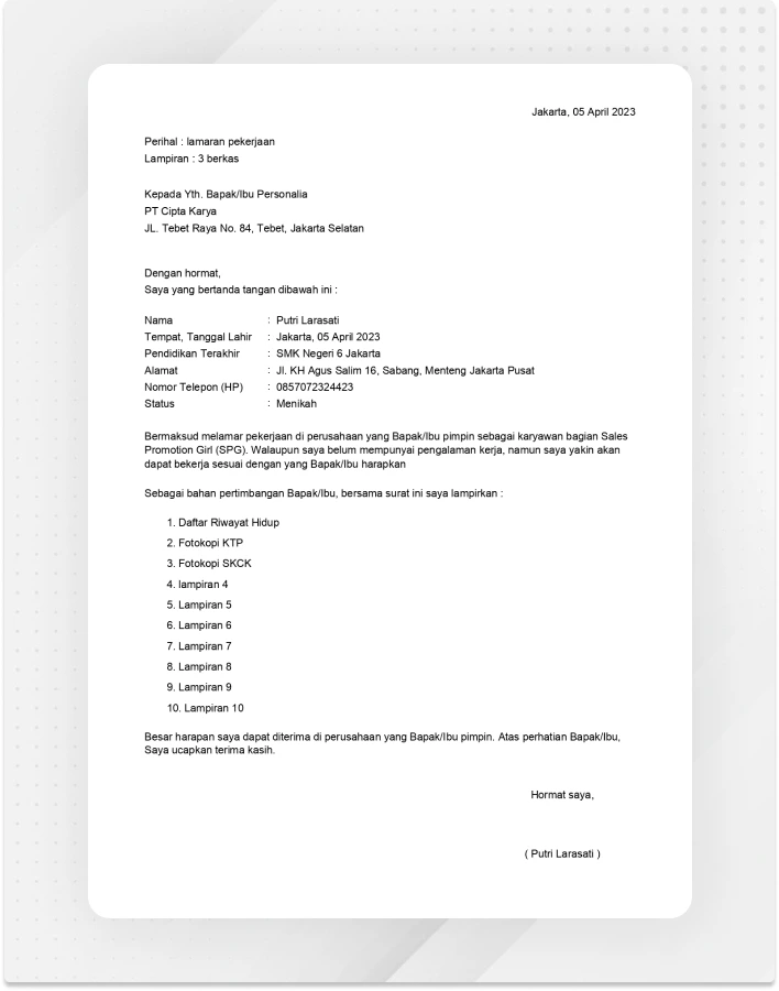 Template Surat Lamaran Kerja SPG / SPB Gratis V1