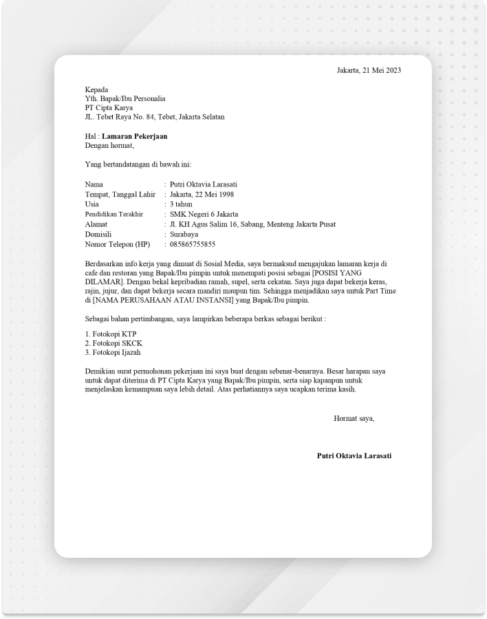 Template Surat Lamaran Kerja Part Time Gratis V1